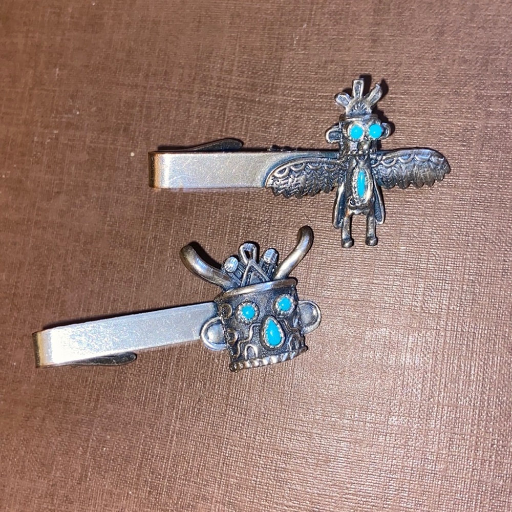 Vintage Native American kachina eagle dancer turquoise silver tone tie clip